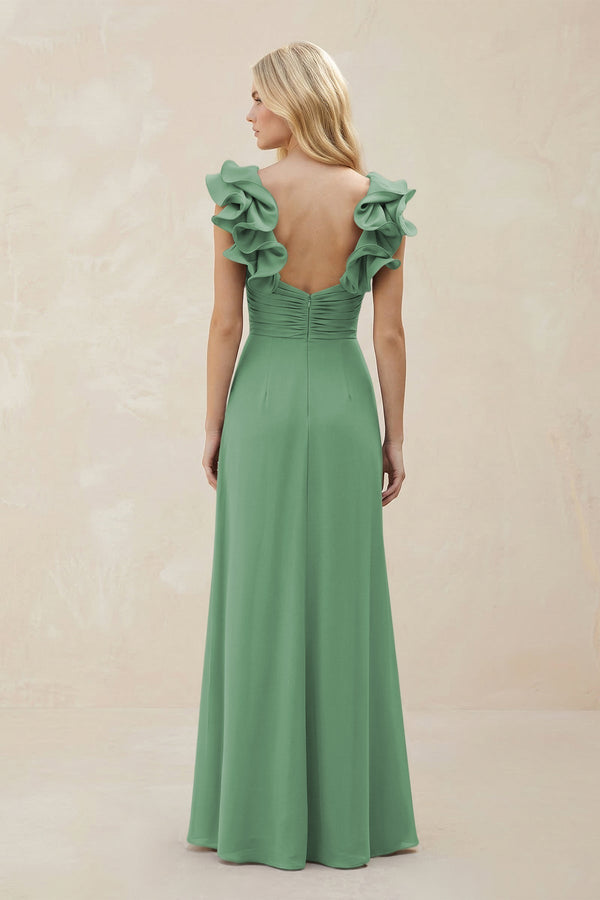 Ruffled Sleeves A - Line Chiffon Sweetheart Bridesmaid Dress in Sea Glass - KissProm Bridesmaid Dresses