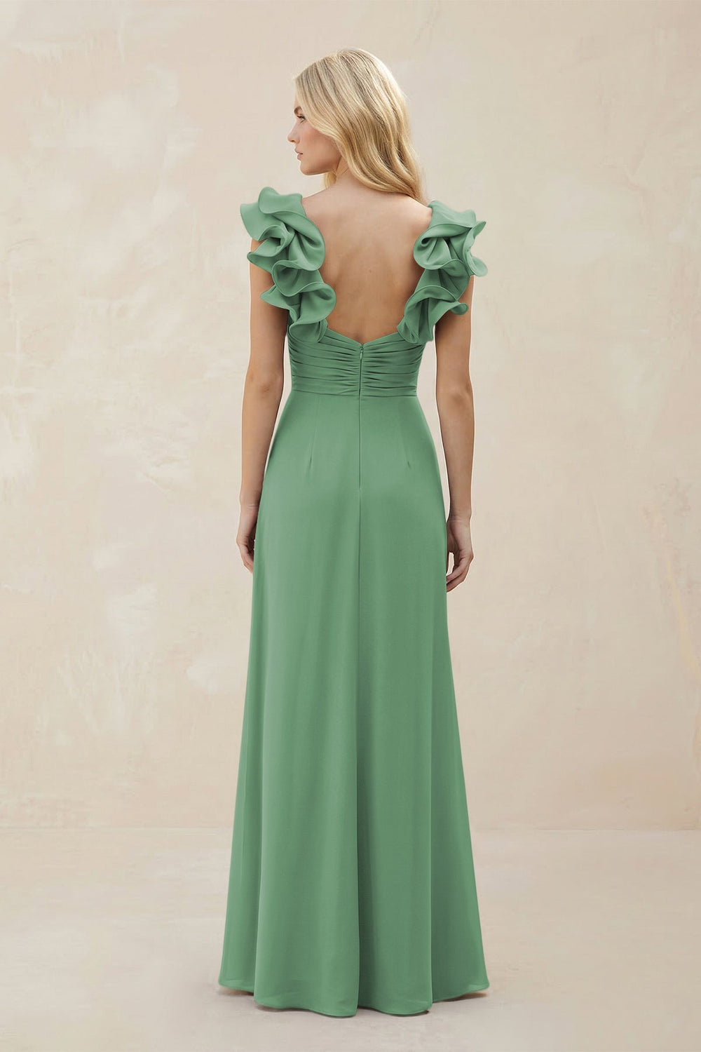 Ruffled Sleeves A - Line Chiffon Sweetheart Bridesmaid Dress in Sea Glass - KissProm Bridesmaid Dresses