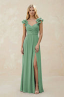 Ruffled Sleeves A - Line Chiffon Sweetheart Bridesmaid Dress in Sea Glass - KissProm Bridesmaid Dresses