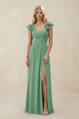 Ruffled Sleeves A - Line Chiffon Sweetheart Bridesmaid Dress in Sea Glass - KissProm Bridesmaid Dresses