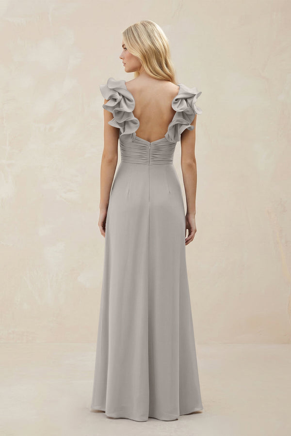 Ruffled Sleeves A - Line Chiffon Sweetheart Bridesmaid Dress in Silver - KissProm Bridesmaid Dresses