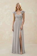 Ruffled Sleeves A - Line Chiffon Sweetheart Bridesmaid Dress in Silver - KissProm Bridesmaid Dresses