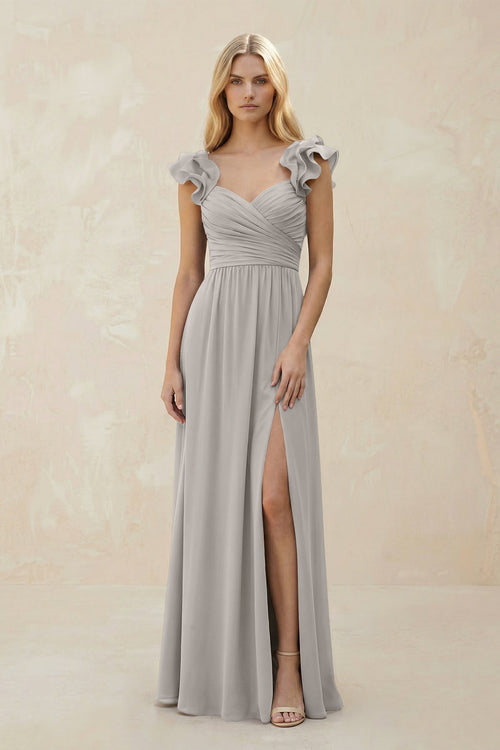 Ruffled Sleeves A - Line Chiffon Sweetheart Bridesmaid Dress in Silver - KissProm Bridesmaid Dresses
