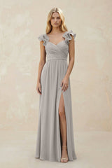 Ruffled Sleeves A - Line Chiffon Sweetheart Bridesmaid Dress in Silver - KissProm Bridesmaid Dresses