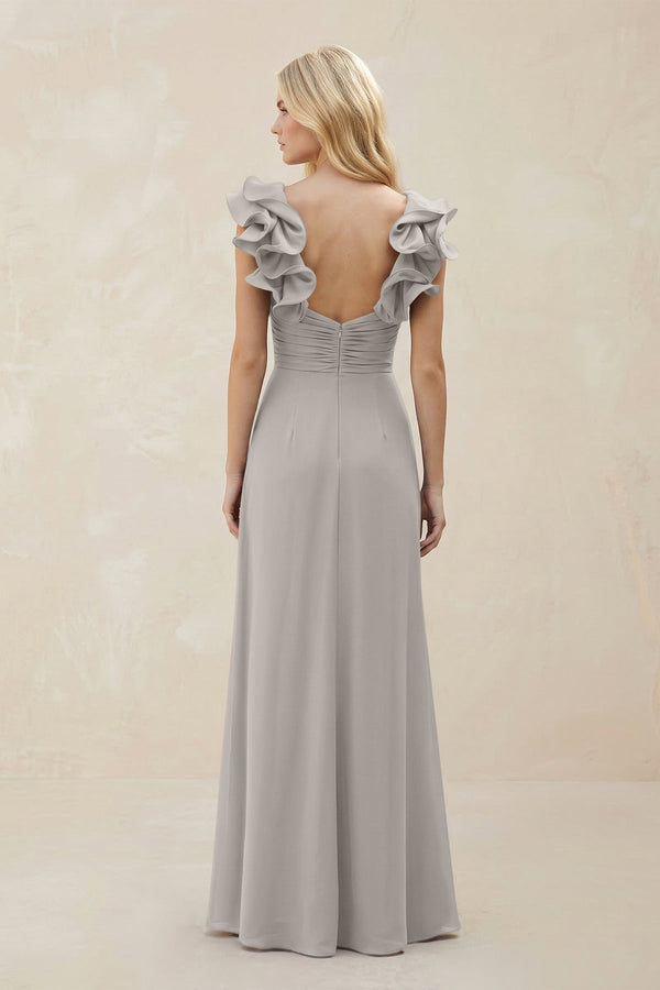 Ruffled Sleeves A - Line Chiffon Sweetheart Bridesmaid Dress in Silver - KissProm Bridesmaid Dresses