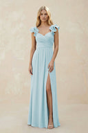 Ruffled Sleeves A - Line Chiffon Sweetheart Bridesmaid Dress in Sky Blue - KissProm Bridesmaid Dresses