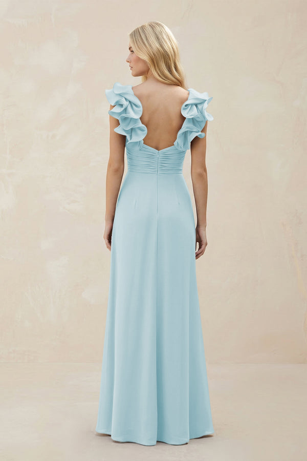 Ruffled Sleeves A - Line Chiffon Sweetheart Bridesmaid Dress in Sky Blue - KissProm Bridesmaid Dresses