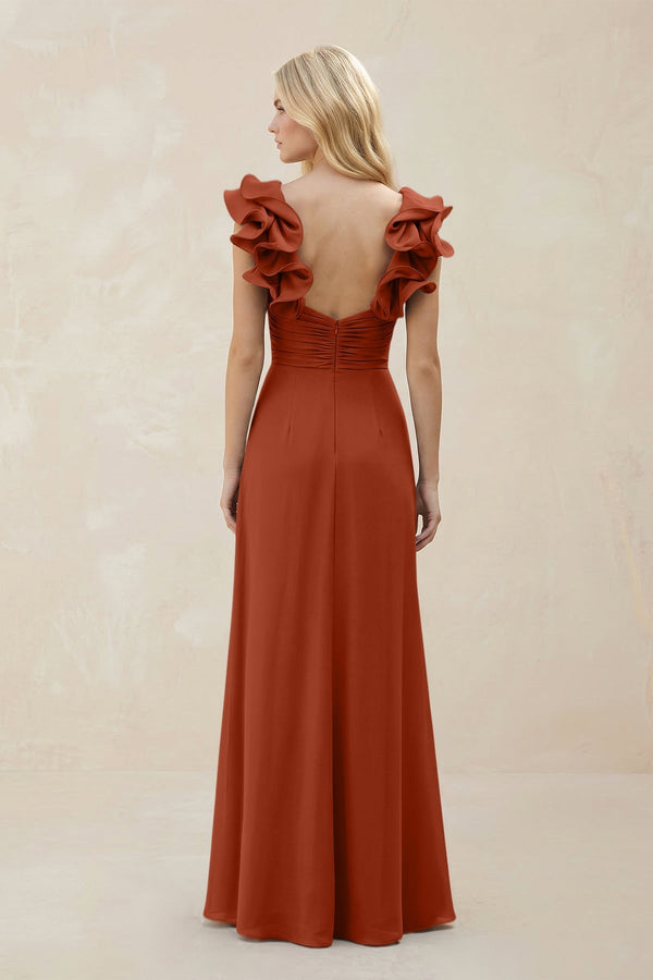 Ruffled Sleeves A - Line Chiffon Sweetheart Bridesmaid Dress in Spice - KissProm Bridesmaid Dresses