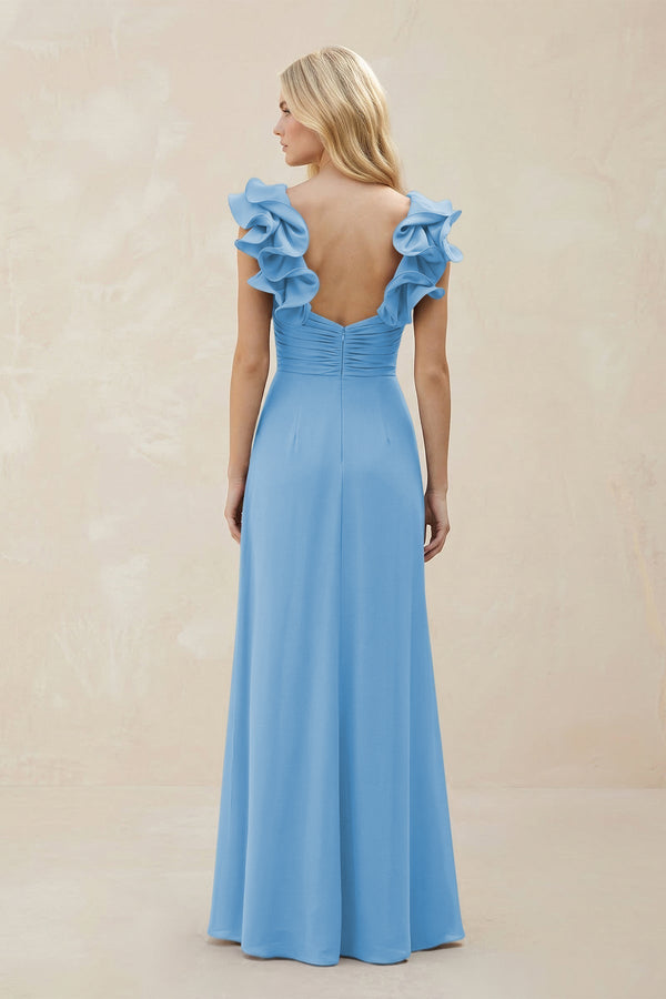 Ruffled Sleeves A - Line Chiffon Sweetheart Bridesmaid Dress in Steel Blue - KissProm Bridesmaid Dresses