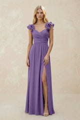 Ruffled Sleeves A - Line Chiffon Sweetheart Bridesmaid Dress in Tahiti - KissProm Bridesmaid Dresses