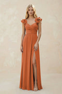 Ruffled Sleeves A - Line Chiffon Sweetheart Bridesmaid Dress in Terracotta - KissProm Bridesmaid Dresses