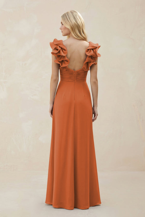 Ruffled Sleeves A - Line Chiffon Sweetheart Bridesmaid Dress in Terracotta - KissProm Bridesmaid Dresses