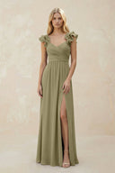 Ruffled Sleeves A - Line Chiffon Sweetheart Bridesmaid Dress in Thyme - KissProm Bridesmaid Dresses
