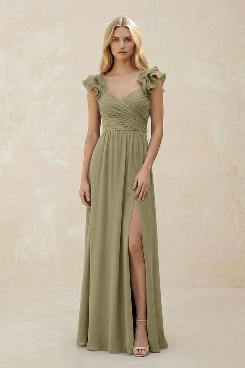 Ruffled Sleeves A - Line Chiffon Sweetheart Bridesmaid Dress in Thyme - KissProm Bridesmaid Dresses