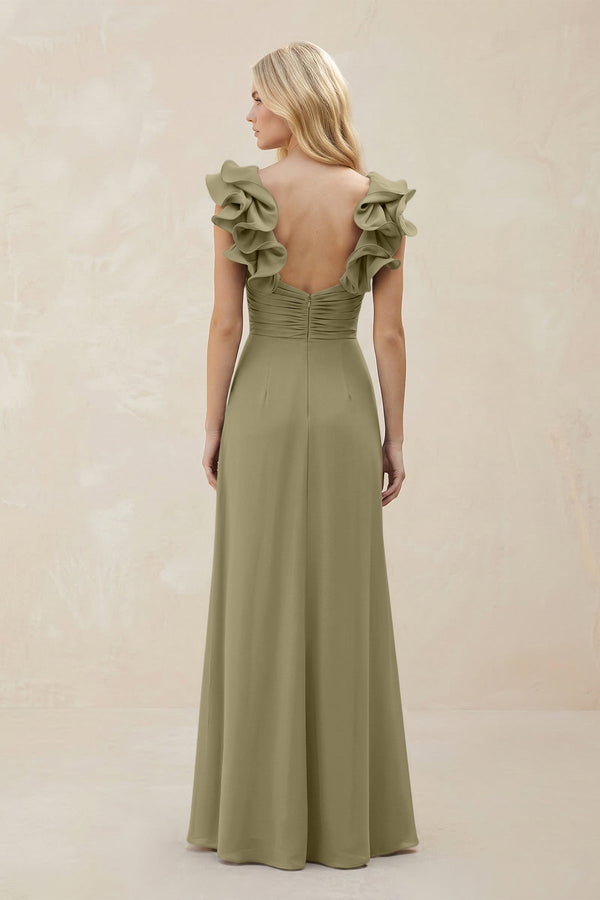 Ruffled Sleeves A - Line Chiffon Sweetheart Bridesmaid Dress in Thyme - KissProm Bridesmaid Dresses