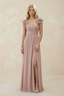 Ruffled Sleeves A - Line Chiffon Sweetheart Bridesmaid Dress in Toffee - KissProm Bridesmaid Dresses