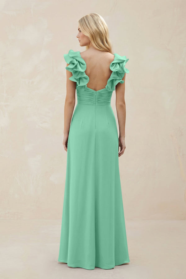Ruffled Sleeves A - Line Chiffon Sweetheart Bridesmaid Dress in Turquoise - KissProm Bridesmaid Dresses