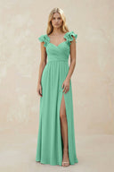 Ruffled Sleeves A - Line Chiffon Sweetheart Bridesmaid Dress in Turquoise - KissProm Bridesmaid Dresses