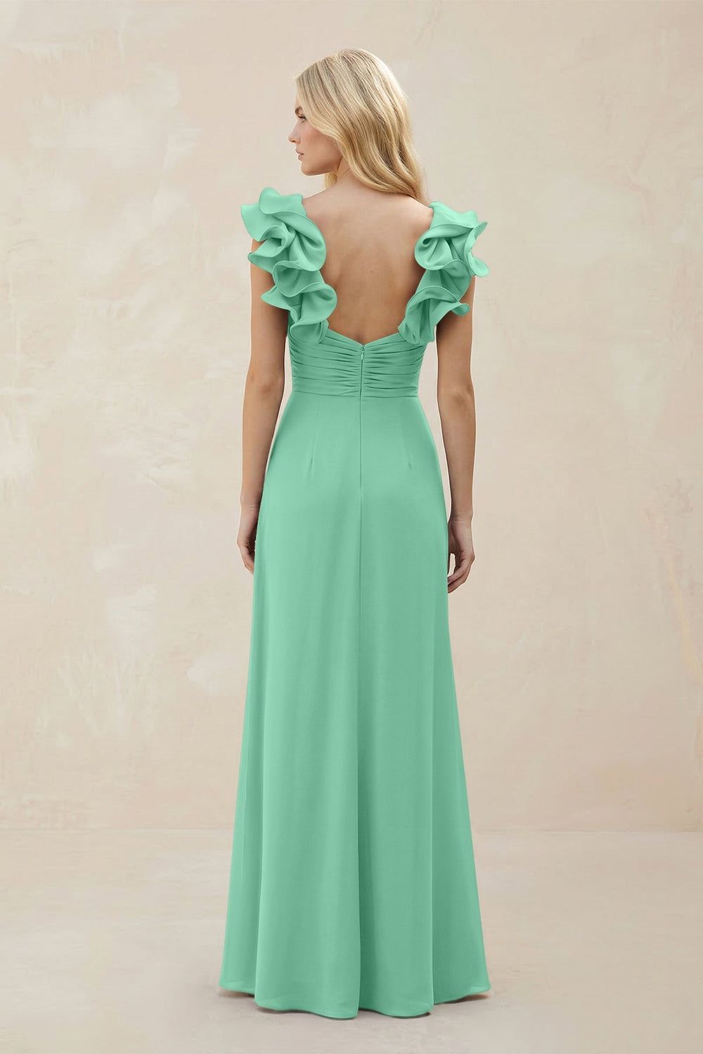 Ruffled Sleeves A - Line Chiffon Sweetheart Bridesmaid Dress in Turquoise - KissProm Bridesmaid Dresses