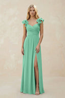 Ruffled Sleeves A - Line Chiffon Sweetheart Bridesmaid Dress in Turquoise - KissProm Bridesmaid Dresses