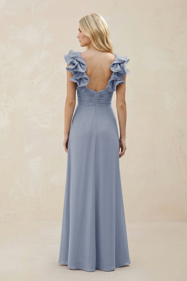 Ruffled Sleeves A - Line Chiffon Sweetheart Bridesmaid Dress in Twilight - KissProm Bridesmaid Dresses