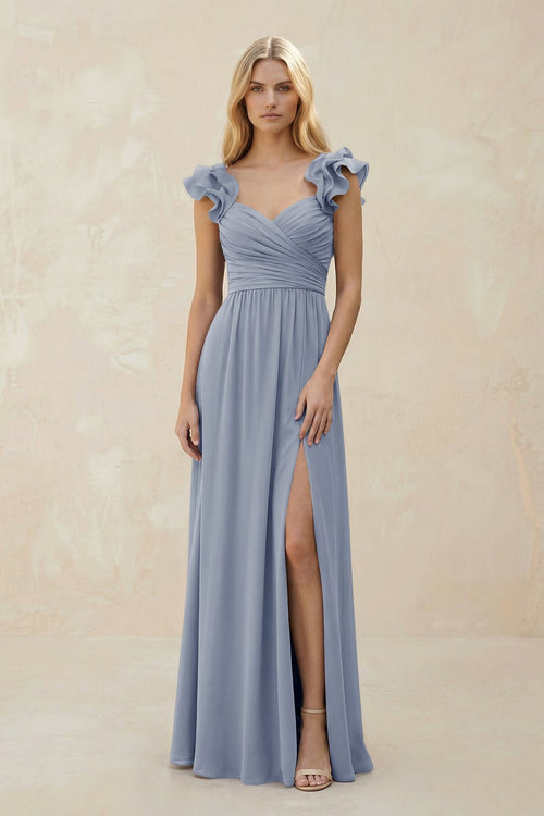 Ruffled Sleeves A - Line Chiffon Sweetheart Bridesmaid Dress in Twilight - KissProm Bridesmaid Dresses