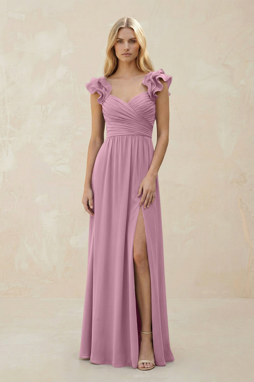 Ruffled Sleeves A - Line Chiffon Sweetheart Bridesmaid Dress in Vintage Mauve - KissProm Bridesmaid Dresses