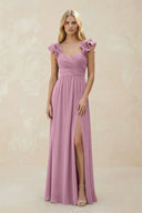 Ruffled Sleeves A - Line Chiffon Sweetheart Bridesmaid Dress in Vintage Mauve - KissProm Bridesmaid Dresses