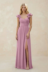 Ruffled Sleeves A - Line Chiffon Sweetheart Bridesmaid Dress in Vintage Mauve - KissProm Bridesmaid Dresses