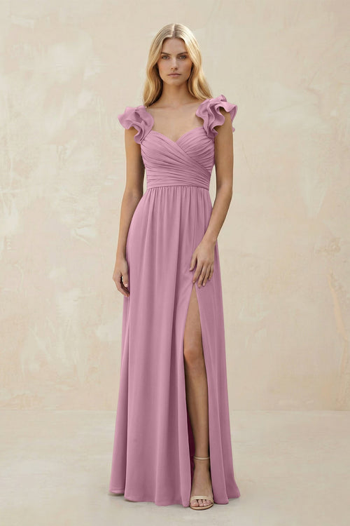 Ruffled Sleeves A - Line Chiffon Sweetheart Bridesmaid Dress in Vintage Mauve - KissProm Bridesmaid Dresses
