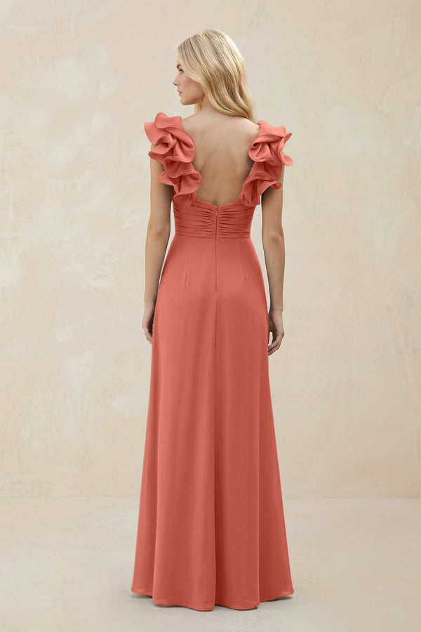 Ruffled Sleeves A - Line Chiffon Sweetheart Bridesmaid Dress in Wild Rose - KissProm Bridesmaid Dresses