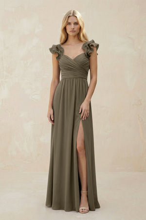 Ruffled Sleeves A - Line Chiffon Sweetheart Bridesmaid Dress in Willow Green - KissProm Bridesmaid Dresses