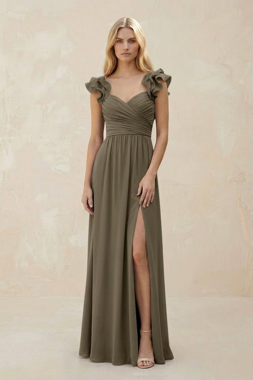 Ruffled Sleeves A - Line Chiffon Sweetheart Bridesmaid Dress in Willow Green - KissProm Bridesmaid Dresses