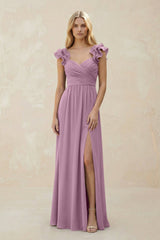 Ruffled Sleeves A - Line Chiffon Sweetheart Bridesmaid Dress in Wisteria - KissProm Bridesmaid Dresses