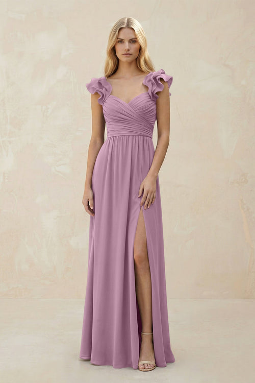 Ruffled Sleeves A - Line Chiffon Sweetheart Bridesmaid Dress in Wisteria - KissProm Bridesmaid Dresses