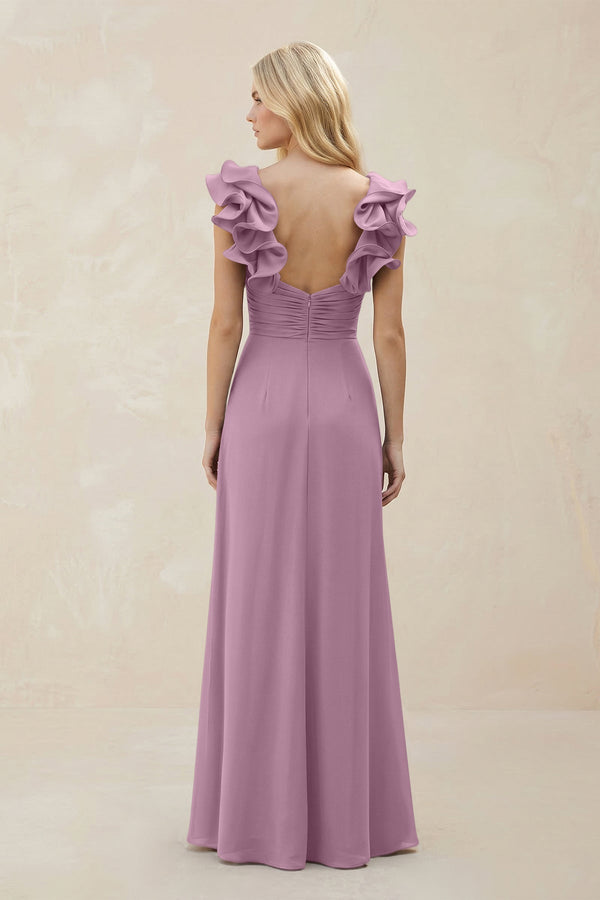 Ruffled Sleeves A - Line Chiffon Sweetheart Bridesmaid Dress in Wisteria - KissProm Bridesmaid Dresses