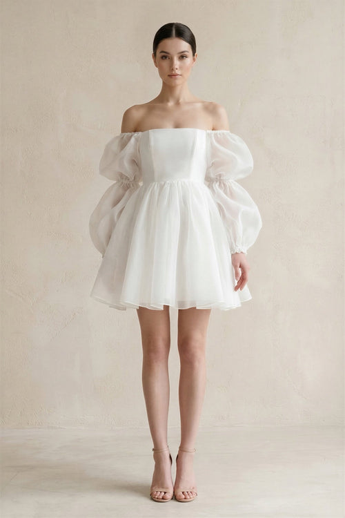 KissProm Ruffled Sleeves A-Line Tulle Mini Wedding Dress in White, White / 12