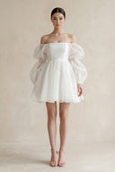 Ruffled Sleeves A - Line Tulle Mini Wedding Dress in White - KissProm Wedding Dresses