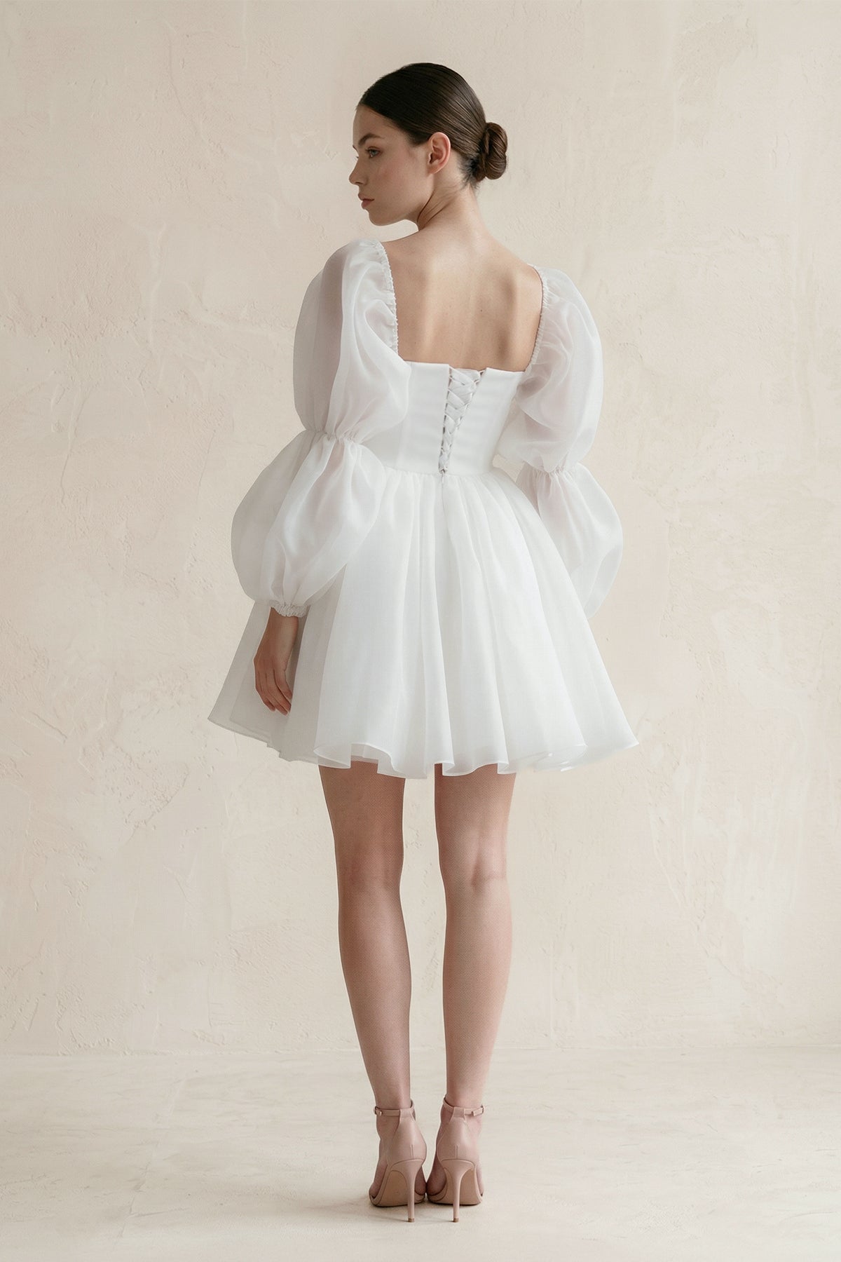 KissProm Ruffled Sleeves A-Line Tulle Mini Wedding Dress in White, White / 12