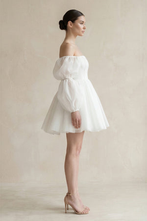 Ruffled Sleeves A - Line Tulle Mini Wedding Dress in White - KissProm Wedding Dresses