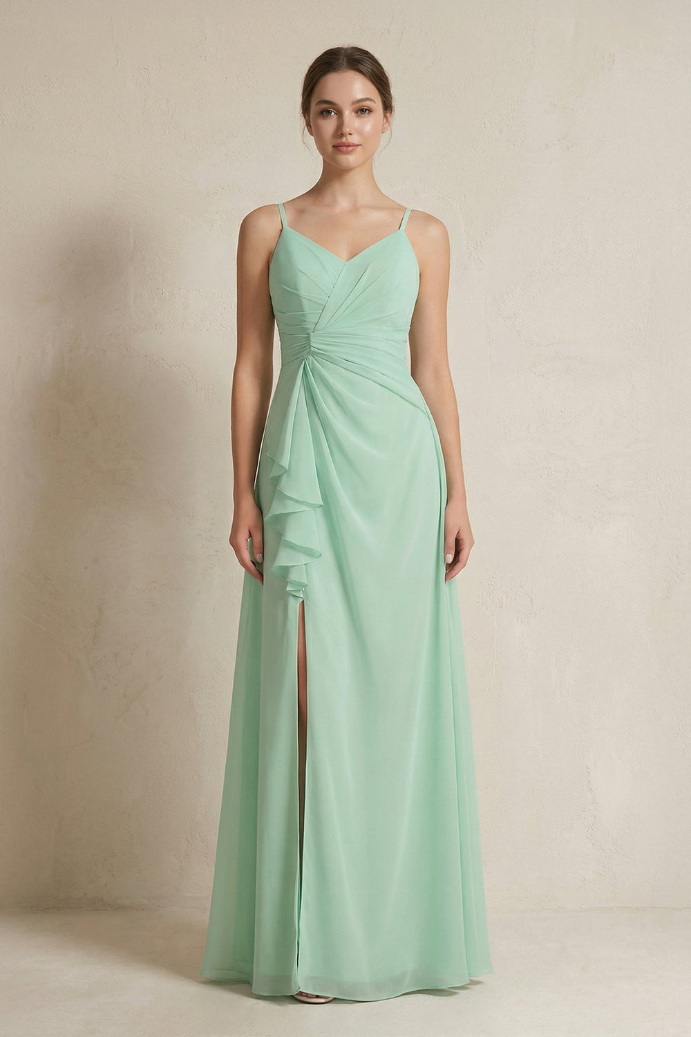 A-Line Ruffled Spaghetti Strap Chiffon Bridesmaid Dress in Pale Pistachio - KissProm BRIDESMAID DRESSES