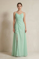 A-Line Ruffled Spaghetti Strap Chiffon Bridesmaid Dress in Pale Pistachio - KissProm BRIDESMAID DRESSES