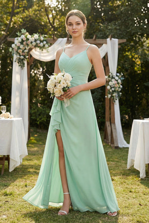 A-Line Ruffled Spaghetti Strap Chiffon Bridesmaid Dress in Pale Pistachio - KissProm BRIDESMAID DRESSES