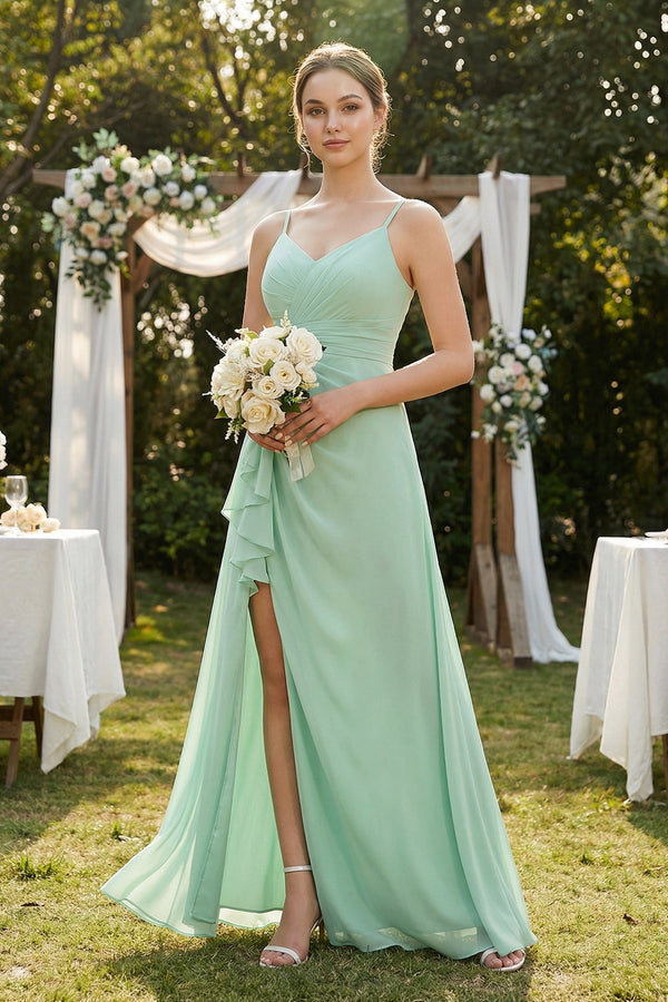 A-Line Ruffled Spaghetti Strap Chiffon Bridesmaid Dress in Pale Pistachio - KissProm BRIDESMAID DRESSES