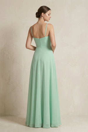 A-Line Ruffled Spaghetti Strap Chiffon Bridesmaid Dress in Pale Pistachio - KissProm BRIDESMAID DRESSES
