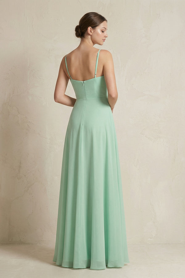 A-Line Ruffled Spaghetti Strap Chiffon Bridesmaid Dress in Pale Pistachio - KissProm BRIDESMAID DRESSES