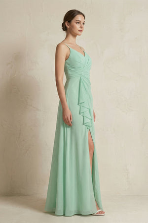 A-Line Ruffled Spaghetti Strap Chiffon Bridesmaid Dress in Pale Pistachio - KissProm BRIDESMAID DRESSES