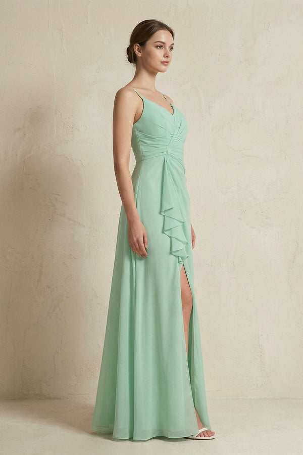 A-Line Ruffled Spaghetti Strap Chiffon Bridesmaid Dress in Pale Pistachio - KissProm BRIDESMAID DRESSES
