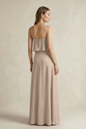 Ruffled Spaghetti Strap A - Line Chiffon Bridesmaid Dress in Almond - KissProm Bridesmaid Dresses