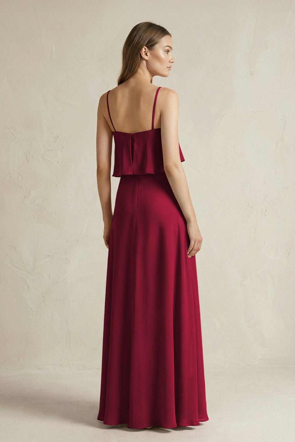 Ruffled Spaghetti Strap A - Line Chiffon Bridesmaid Dress in Berry - KissProm Bridesmaid Dresses